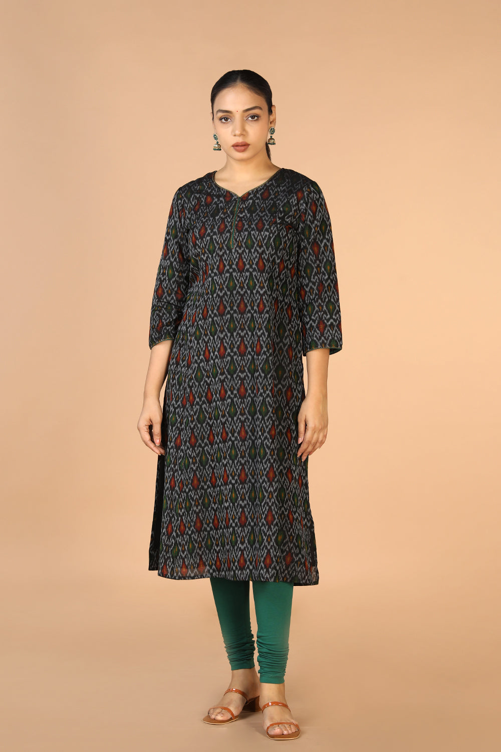 Collection of Black Pochampally silk Ikat Kurti in a gallery layout