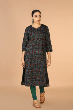 Collection of Black Pochampally silk Ikat Kurti in a gallery layout