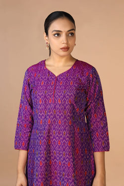 Collection of Purple Silk Pochampally Ikat kurti in a gallery layout