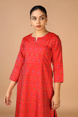 Collection of Vermillion red  Silk Pochampally Ikat kurti in a gallery layout