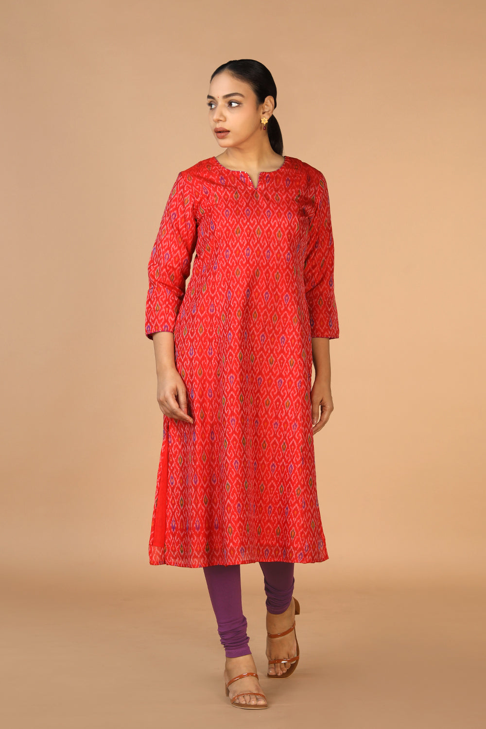 Collection of Vermillion red  Silk Pochampally Ikat kurti in a gallery layout