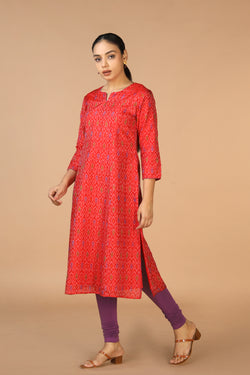 Collection of Vermillion red  Silk Pochampally Ikat kurti in a gallery layout