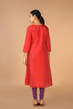 Collection of Vermillion red  Silk Pochampally Ikat kurti in a gallery layout