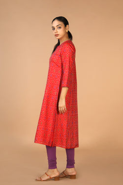 Collection of Vermillion red  Silk Pochampally Ikat kurti in a gallery layout