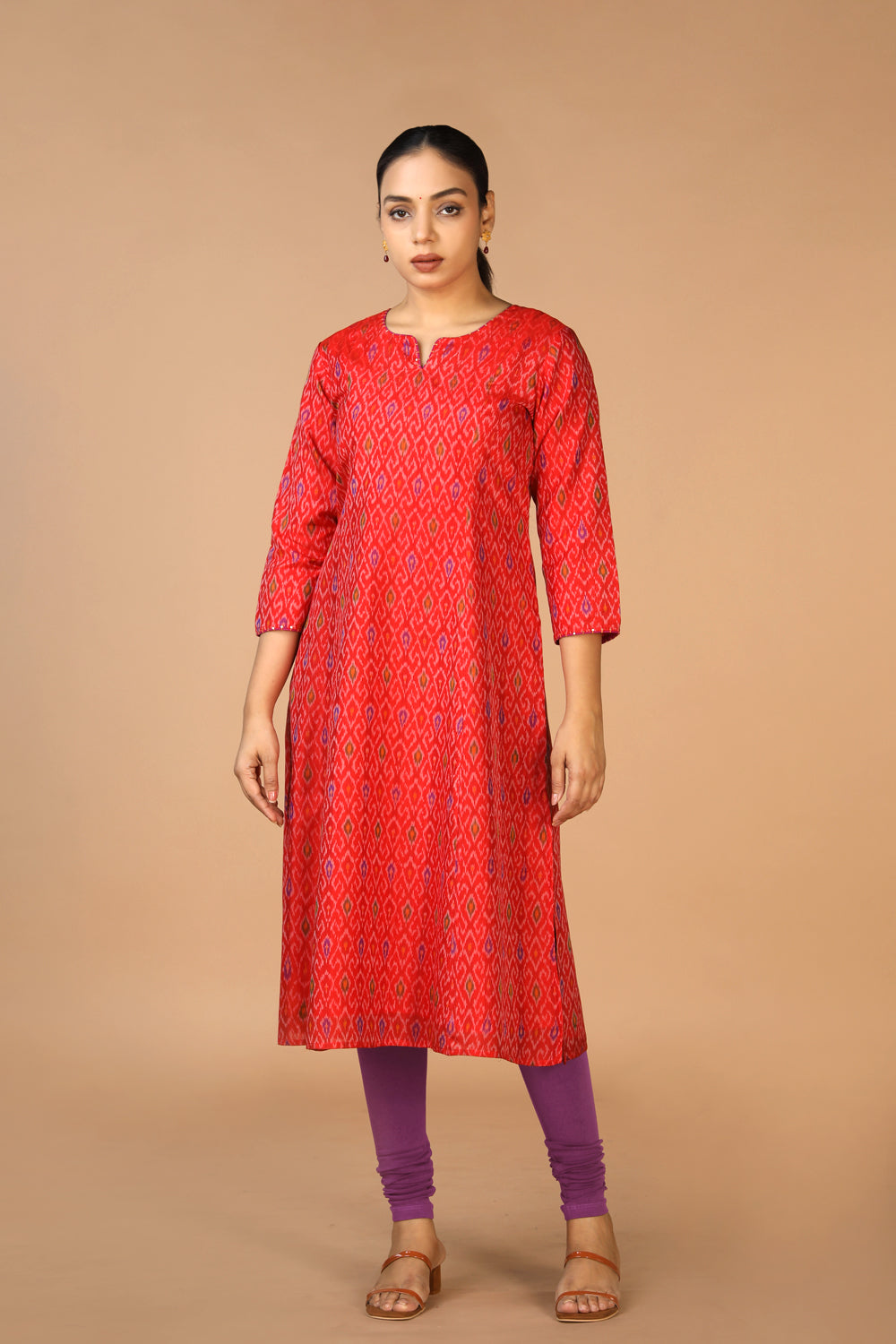 Collection of Vermillion red  Silk Pochampally Ikat kurti in a gallery layout