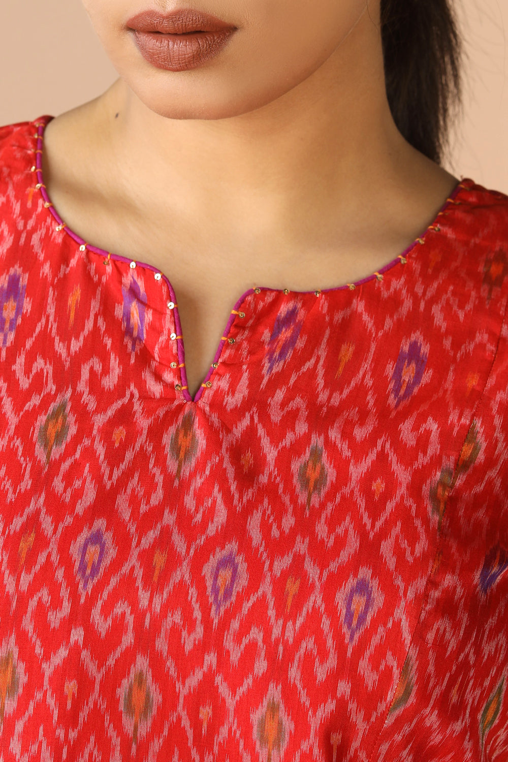 Collection of Vermillion red  Silk Pochampally Ikat kurti in a gallery layout