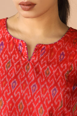 Collection of Vermillion red  Silk Pochampally Ikat kurti in a gallery layout