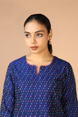 Collection of Royal Blue silk Pochampally Ikat Kurti in a gallery layout