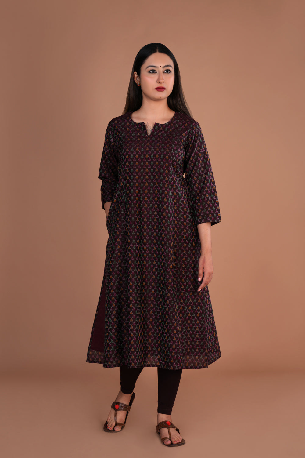 Image of Deep maroon Handwoven  Pochampally silk Ikat kurta