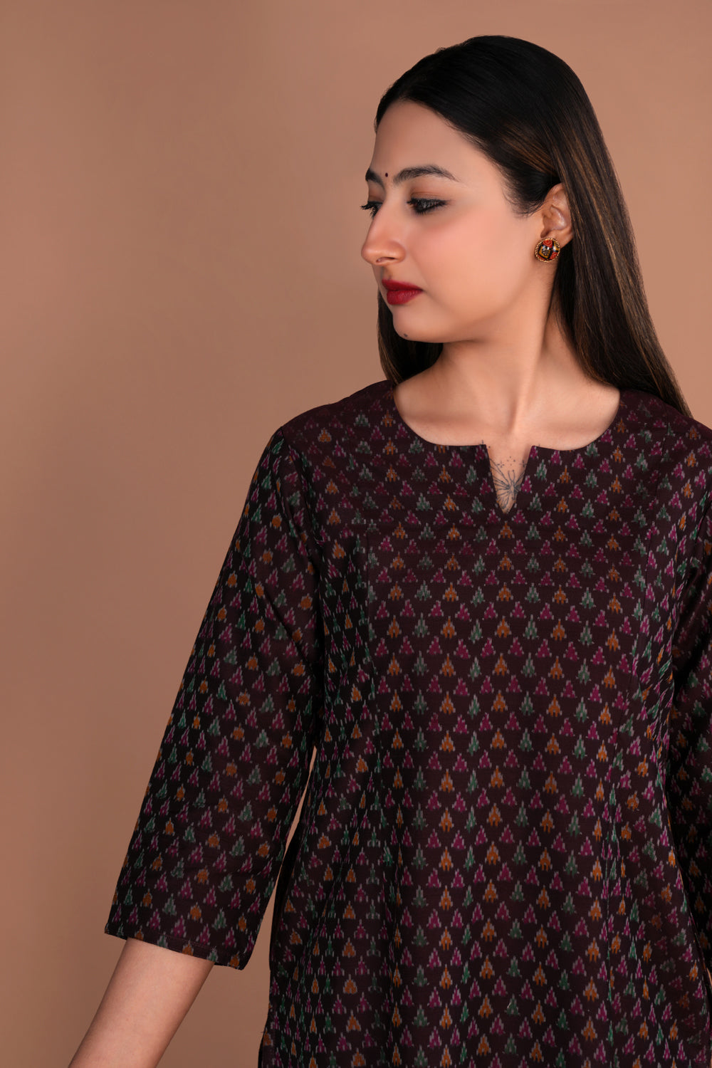 Image of Deep maroon Handwoven  Pochampally silk Ikat kurta