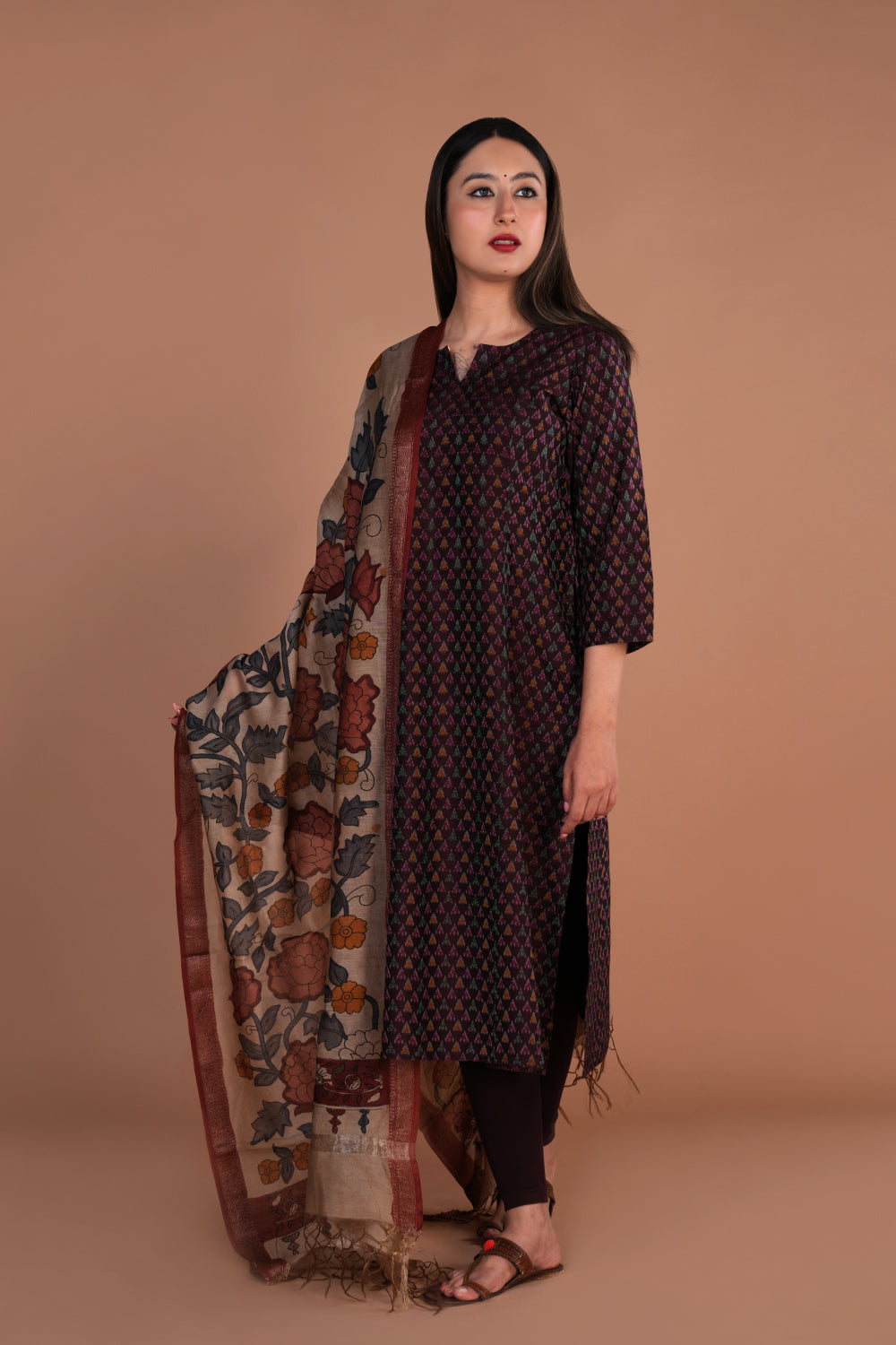 Image of Deep maroon Handwoven  Pochampally silk Ikat kurta