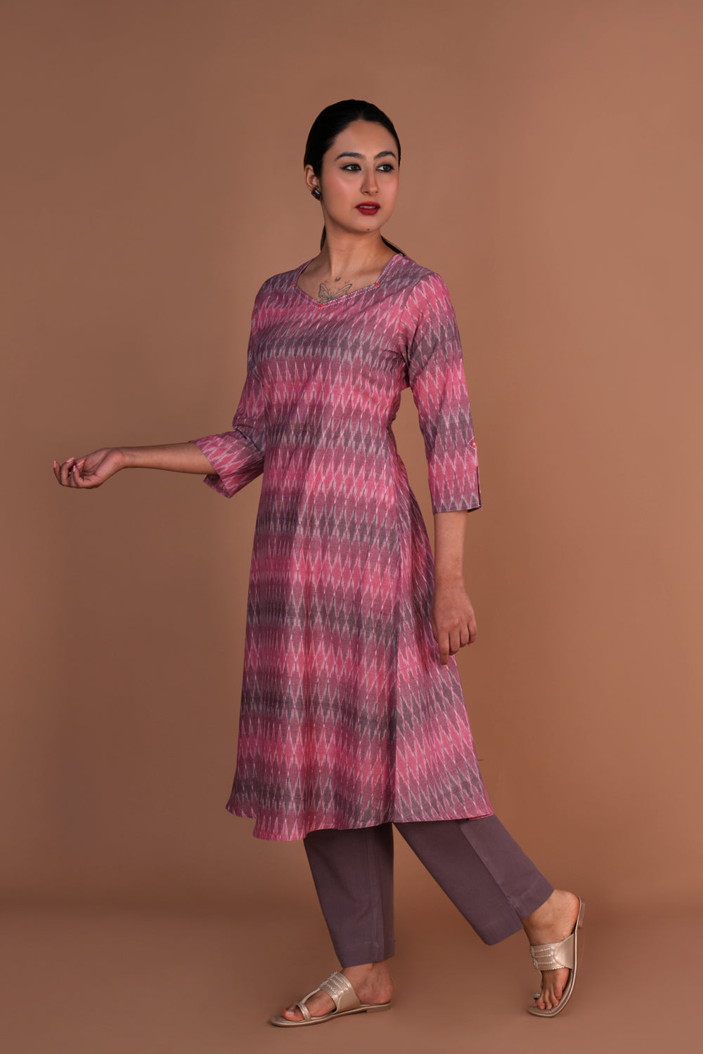 Image of Greyish Pink  Pochampally Ikat Kurta