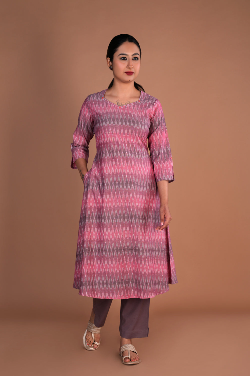 Image of Greyish Pink  Pochampally Ikat Kurta