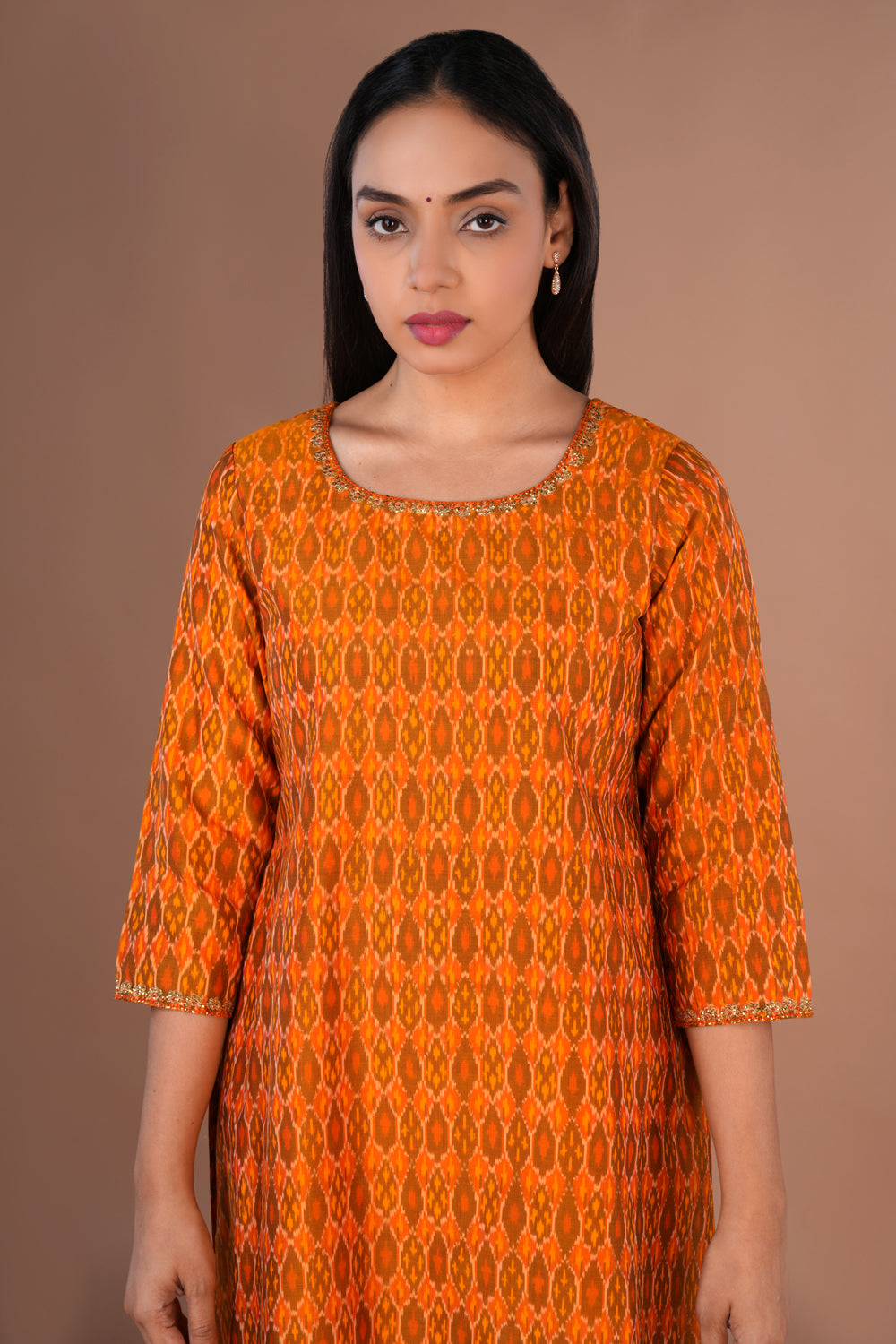Image of Golden Mustard Pochampally silk Ikat kurti
