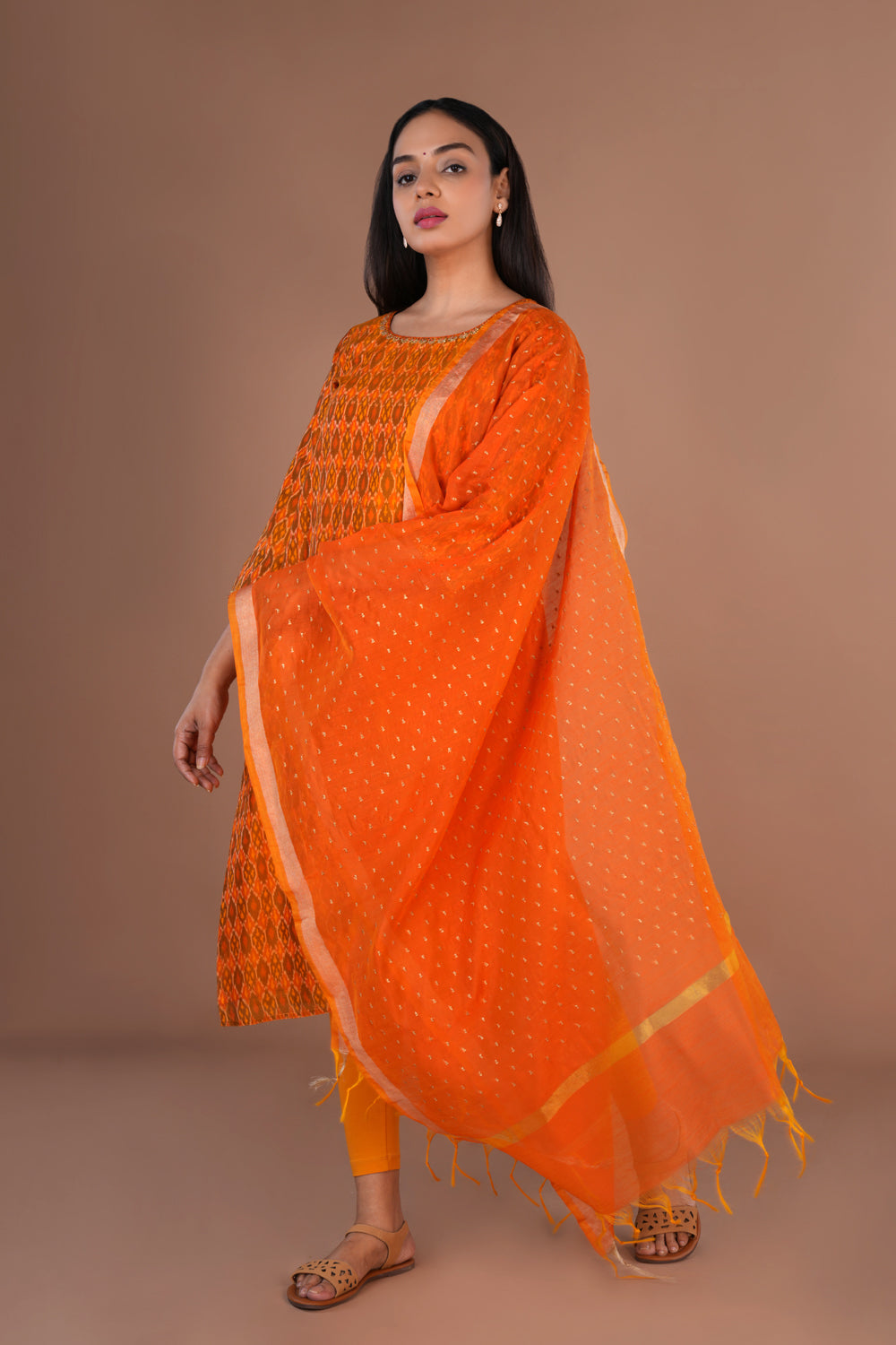 Image of Golden Mustard Pochampally silk Ikat kurti