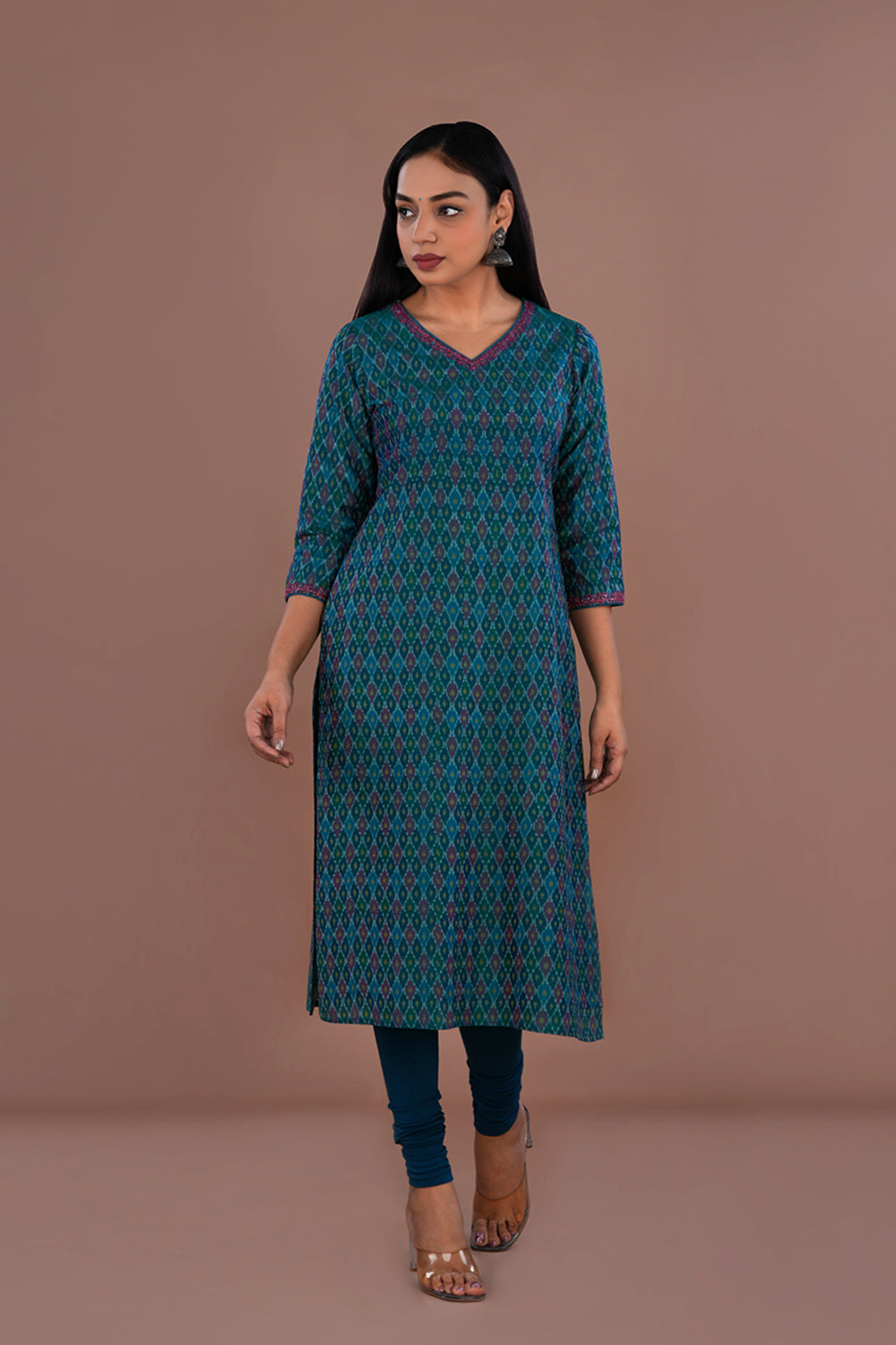 Image of Deep teal green Pochampally Silk Ikat kurti