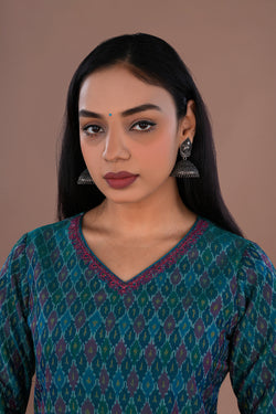 Image of Deep teal green Pochampally Silk Ikat kurti