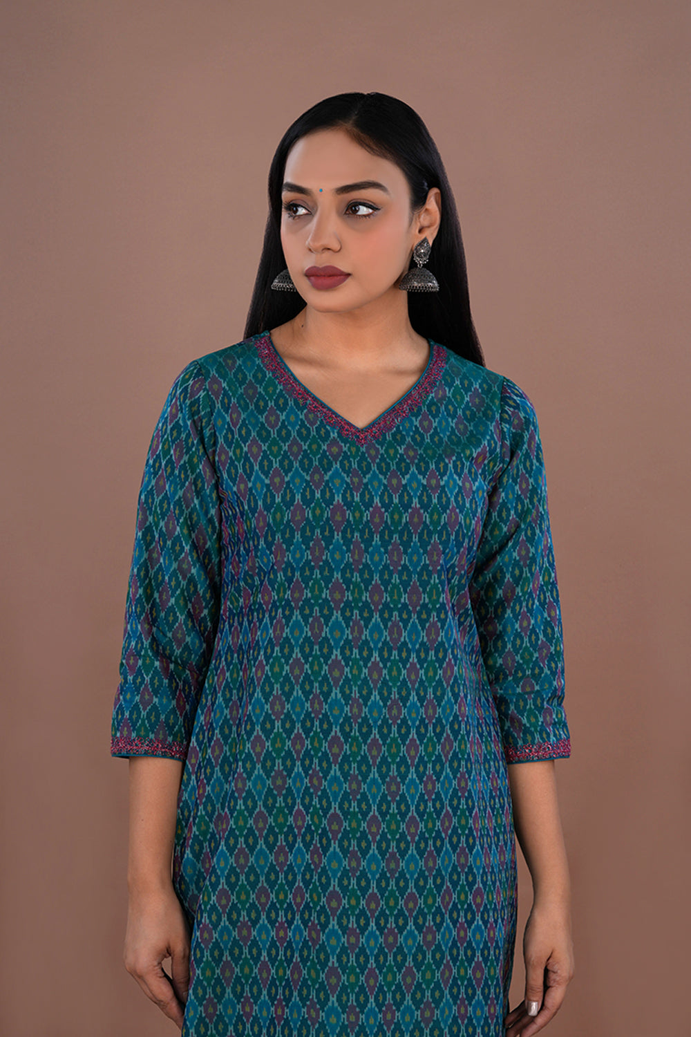 Image of Deep teal green Pochampally Silk Ikat kurti
