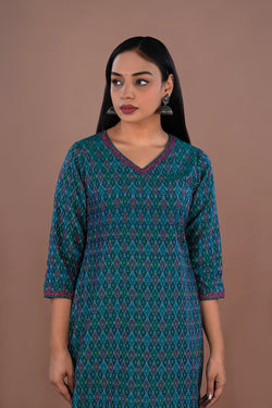 Image of Deep teal green Pochampally Silk Ikat kurti