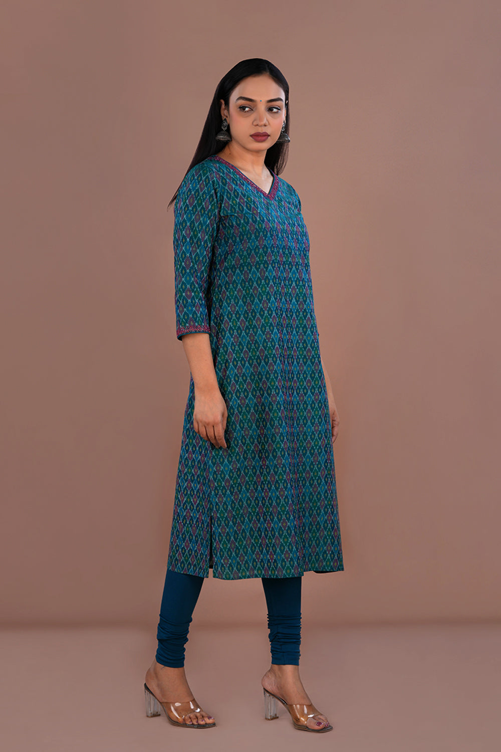 Image of Deep teal green Pochampally Silk Ikat kurti