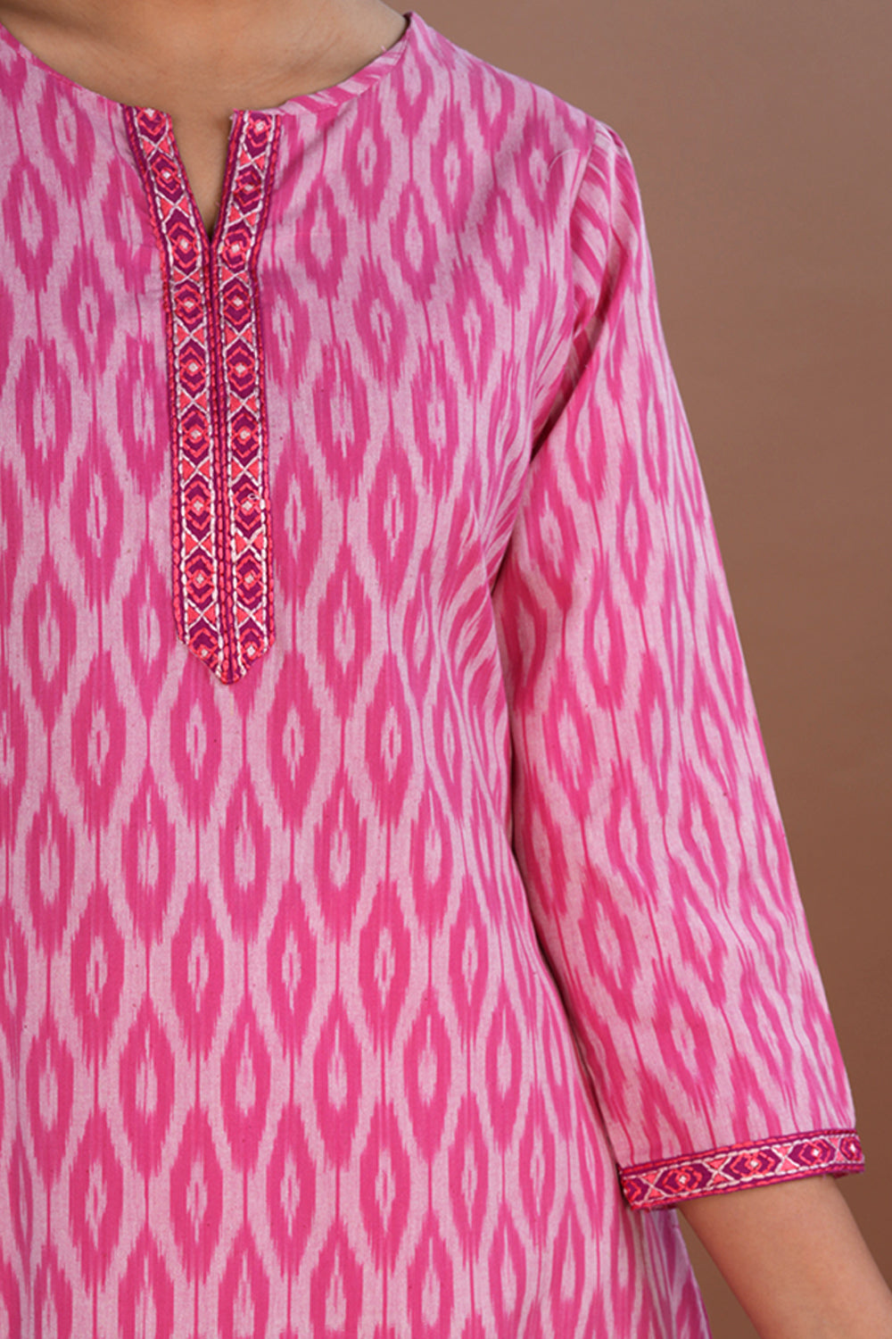 Image of Embroidered Cotton Pochampally Ikat Kurti