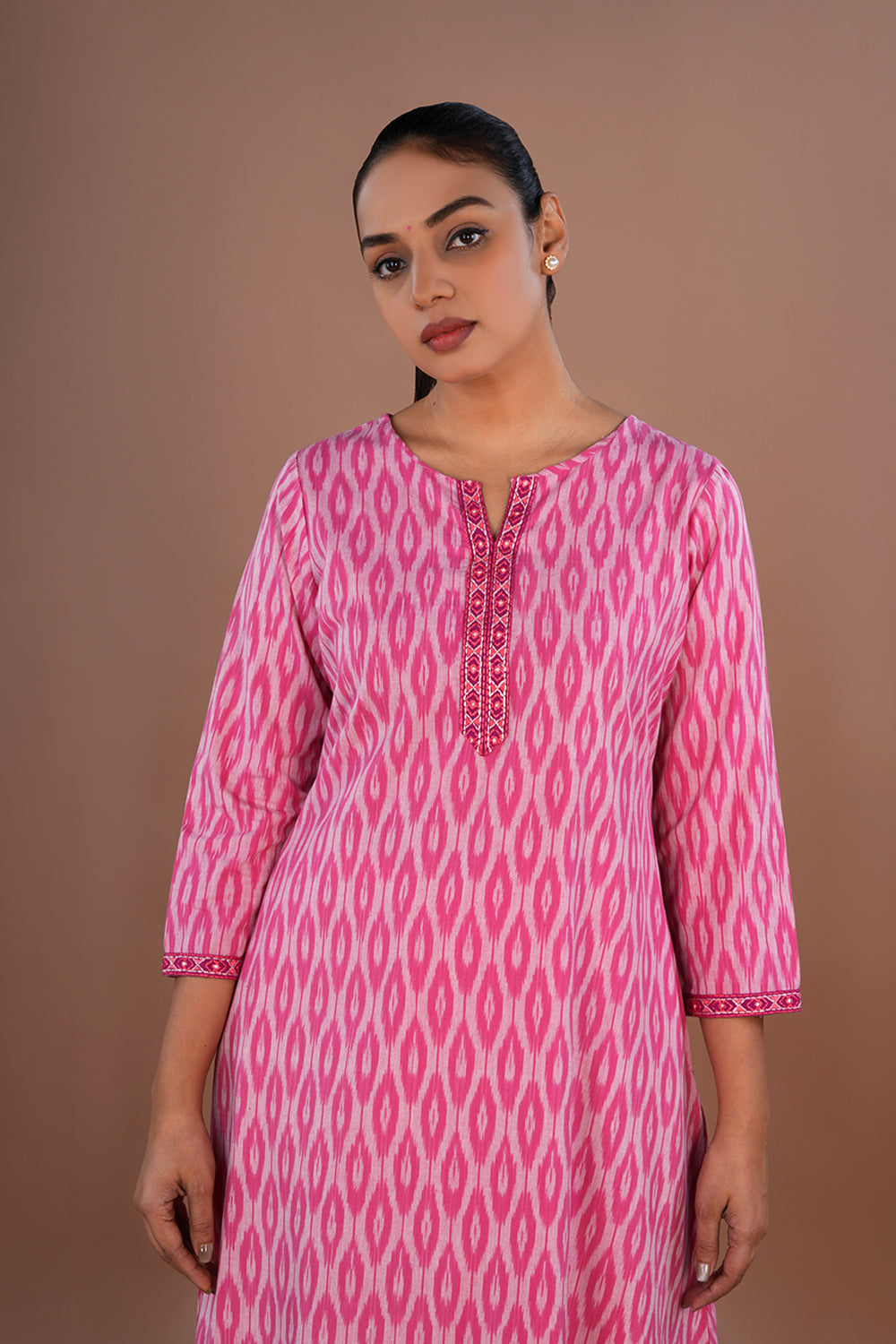 Image of Embroidered Cotton Pochampally Ikat Kurti