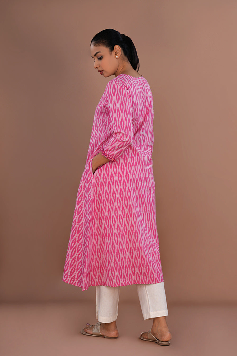 Image of Embroidered Cotton Pochampally Ikat Kurti