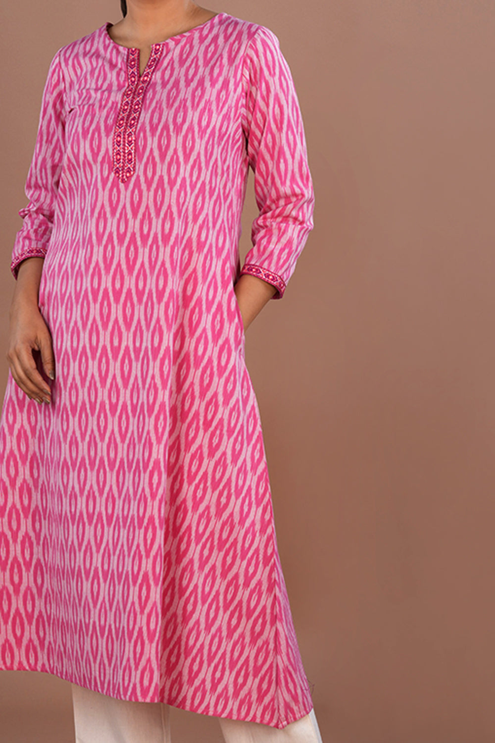 Image of Embroidered Cotton Pochampally Ikat Kurti