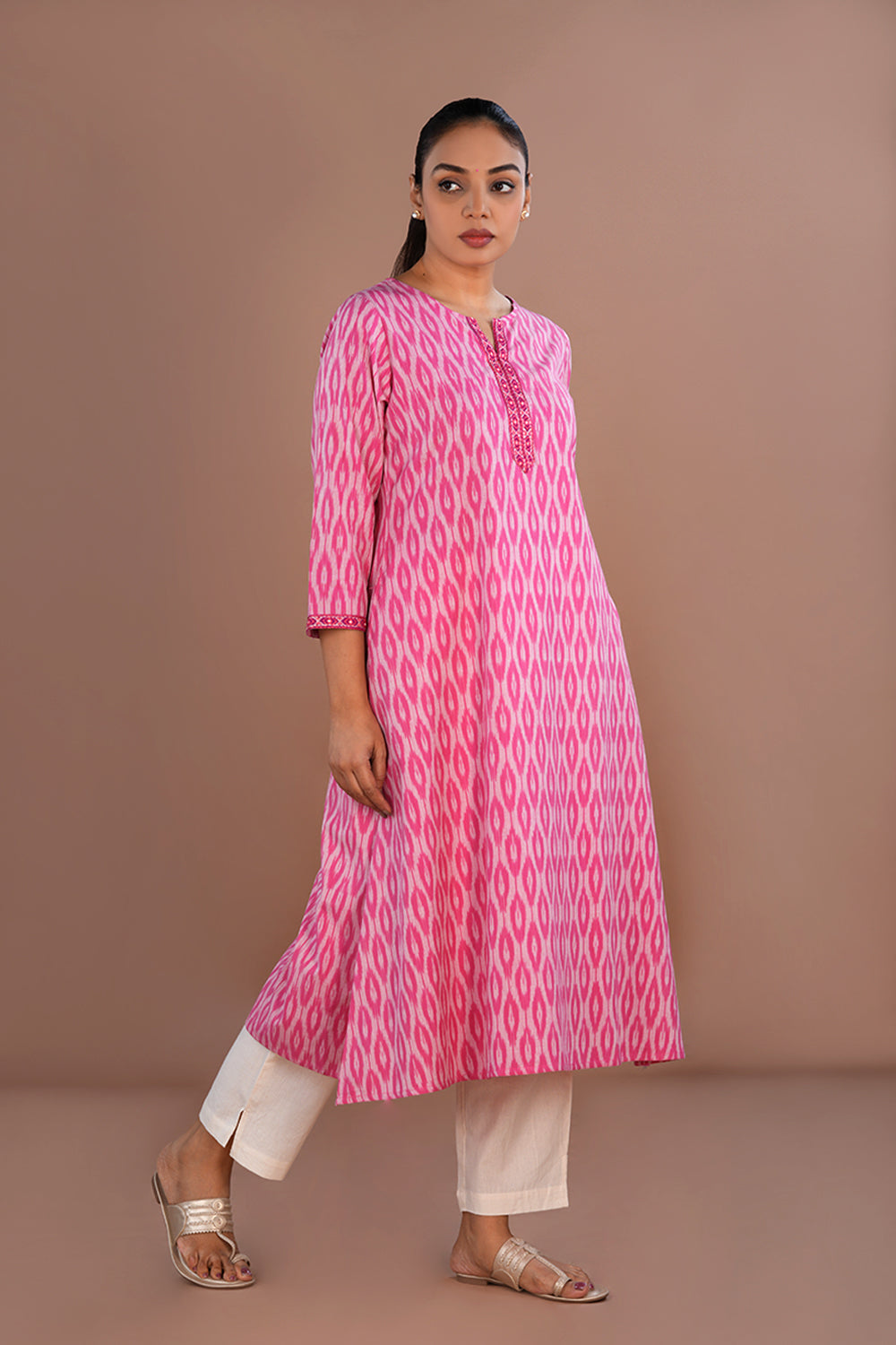 Image of Embroidered Cotton Pochampally Ikat Kurti