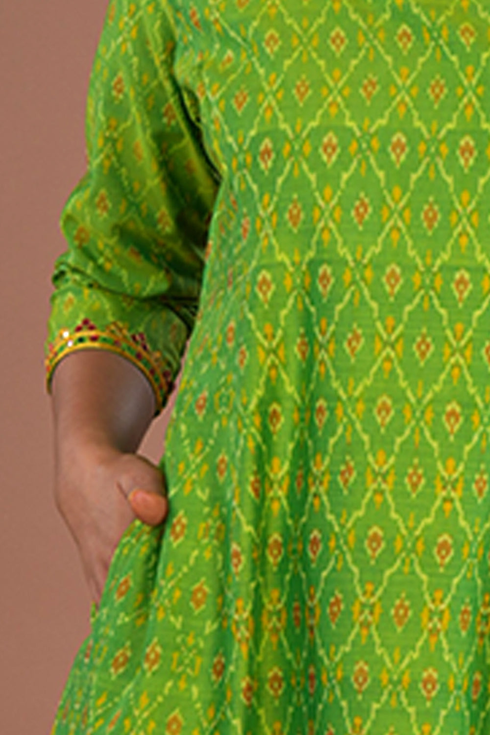 Image of Lime Green Embroidered Pochampally Silk Ikat Kurti