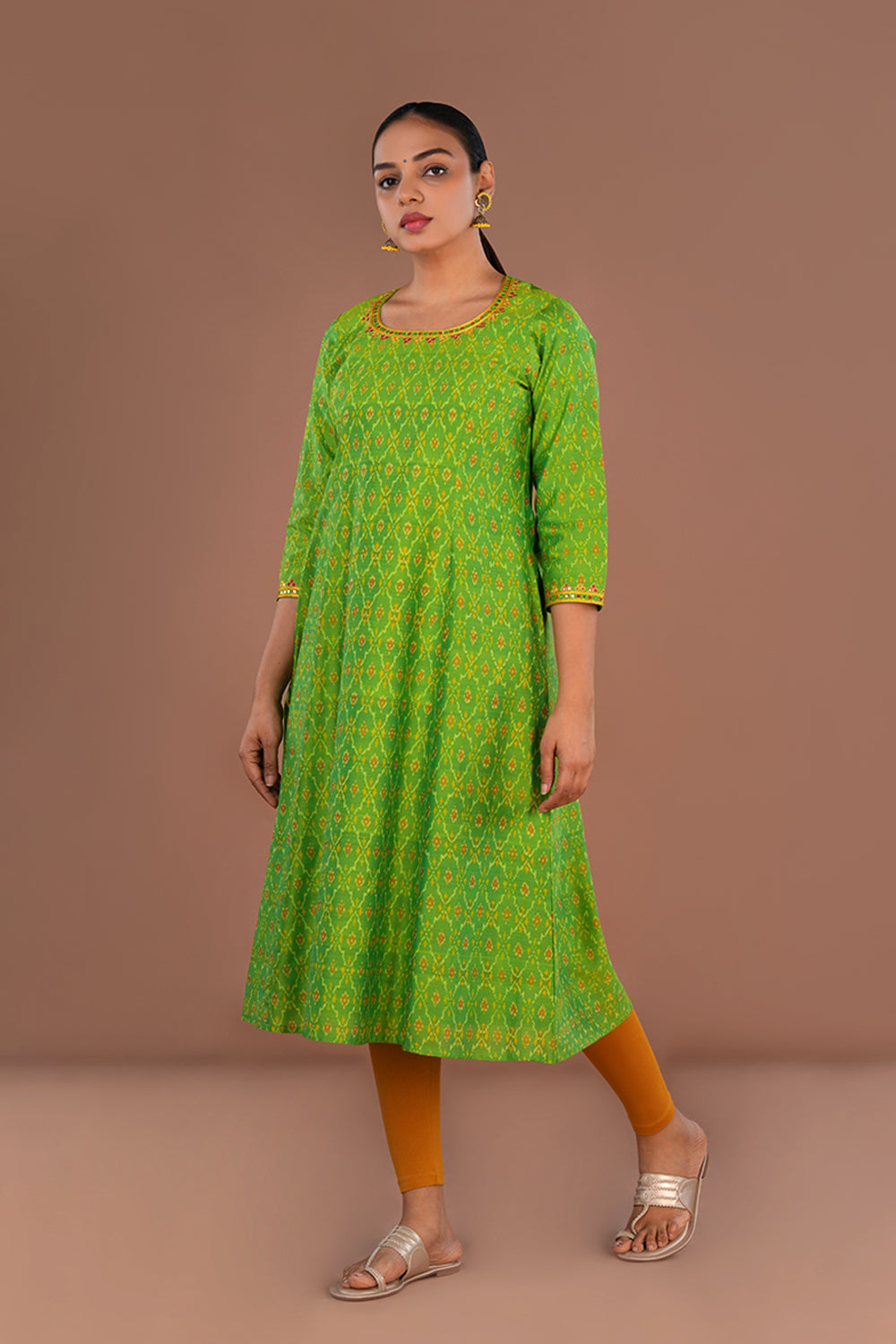 Lime Green Embroidered Pochampally Silk Ikat Kurti