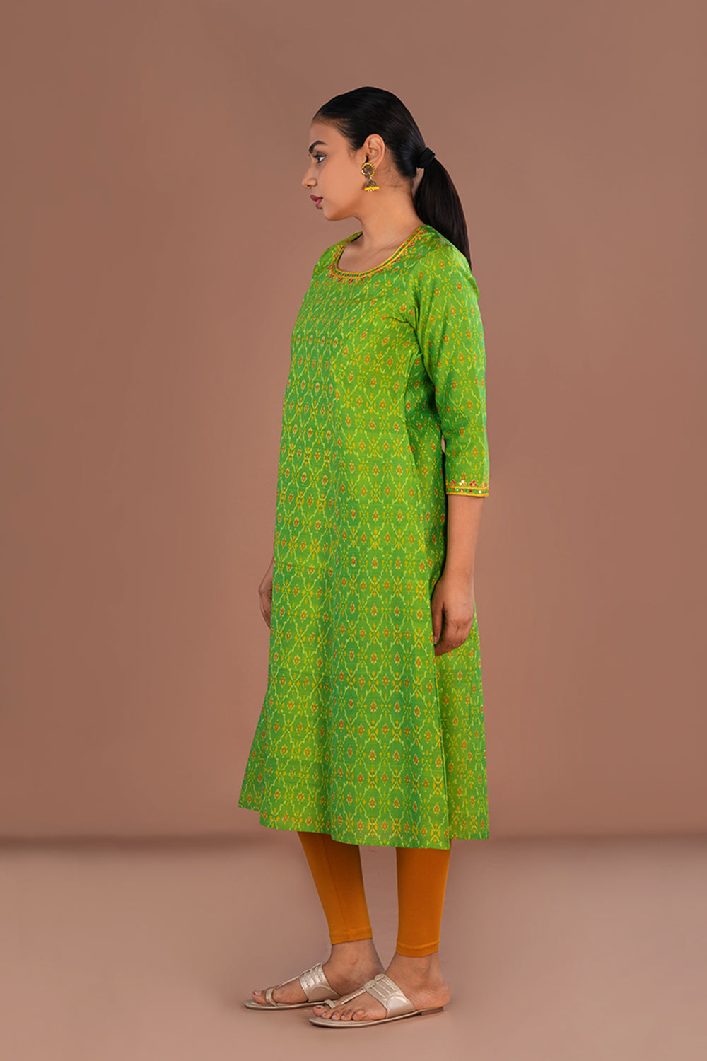 Image of Lime Green Embroidered Pochampally Silk Ikat Kurti