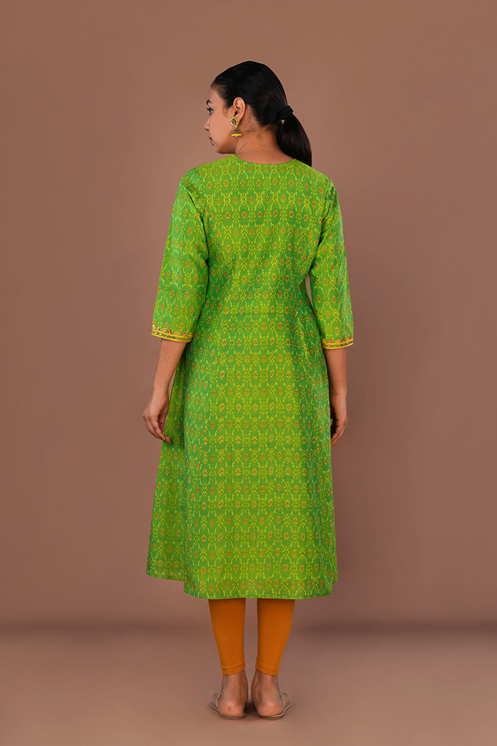 Lime Green Embroidered Pochampally Silk Ikat Kurti