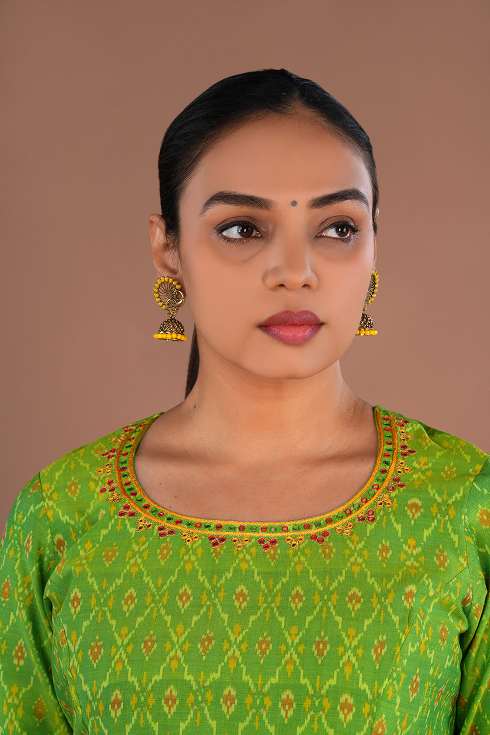 Lime Green Embroidered Pochampally Silk Ikat Kurti