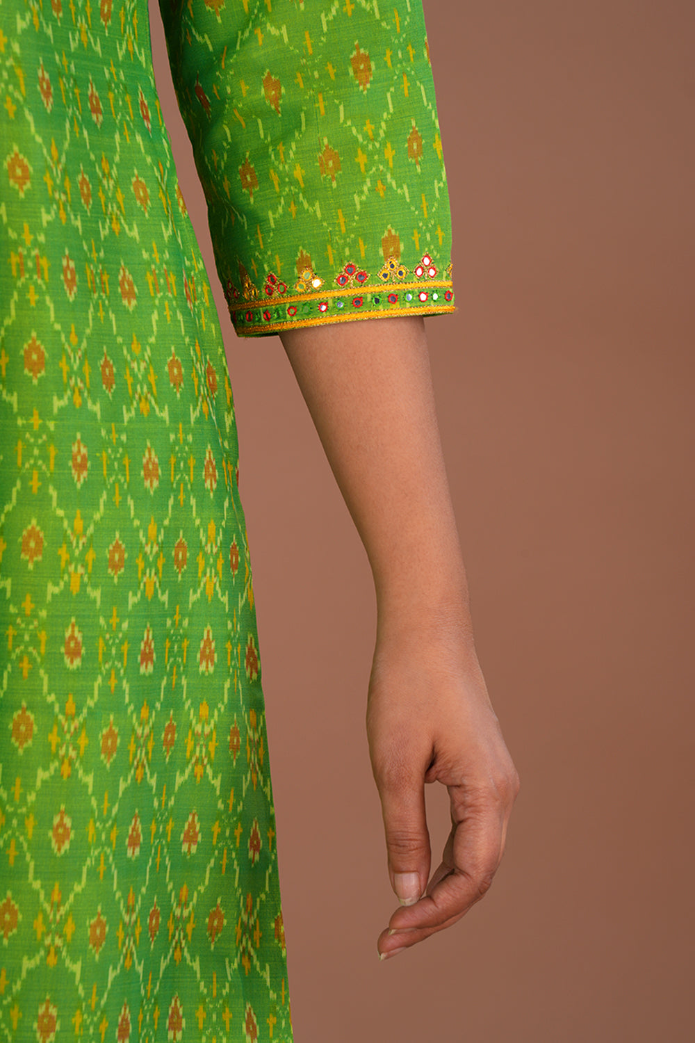 Image of Lime Green Embroidered Pochampally Silk Ikat Kurti