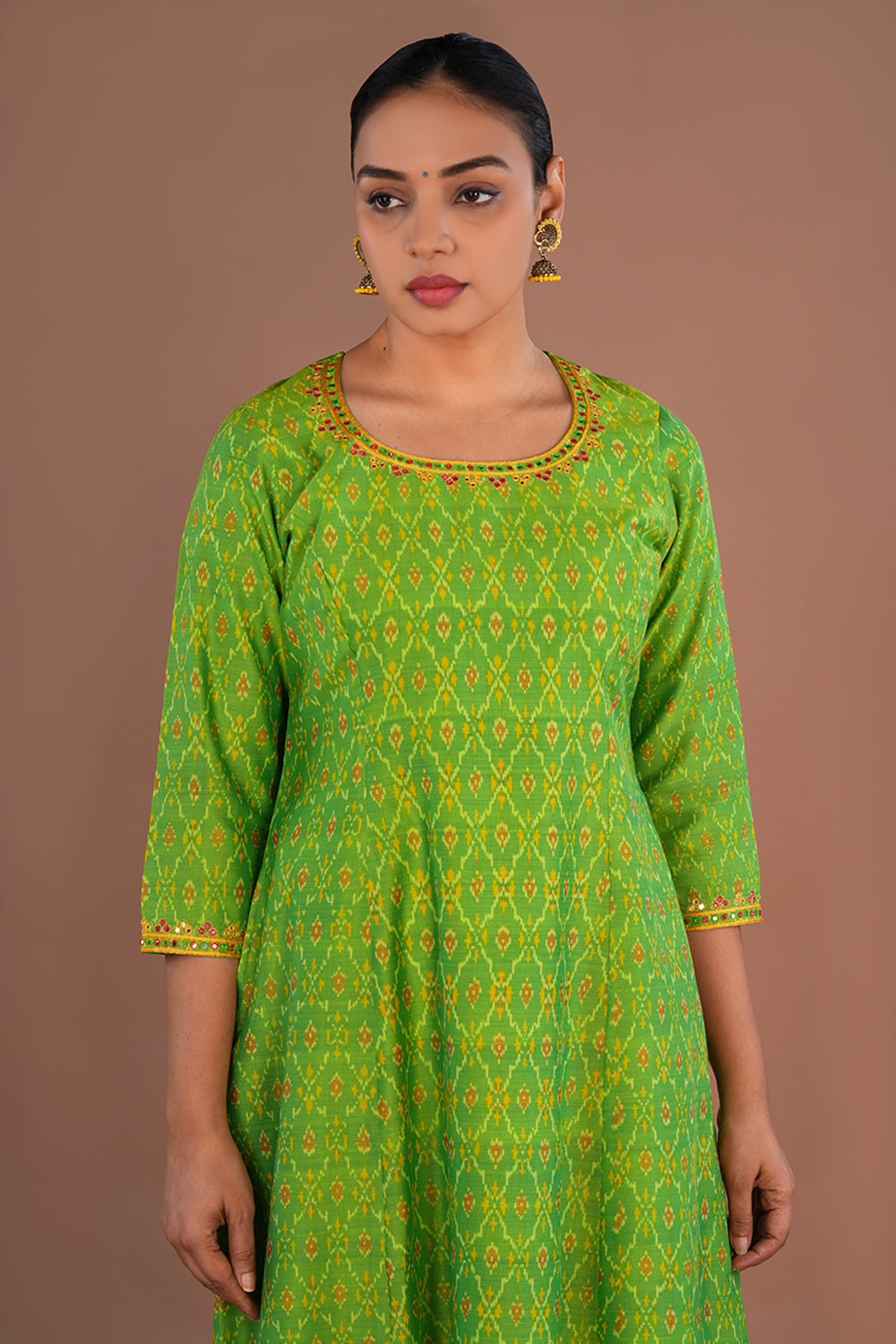 Lime Green Embroidered Pochampally Silk Ikat Kurti