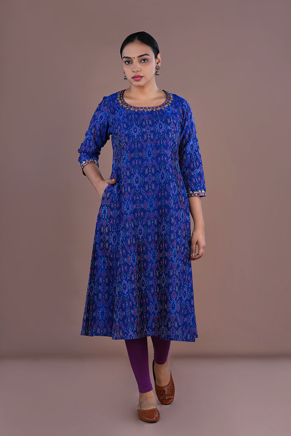 Image of Royal Blue hand Embroidered Pochampally Silk Ikat Kurti