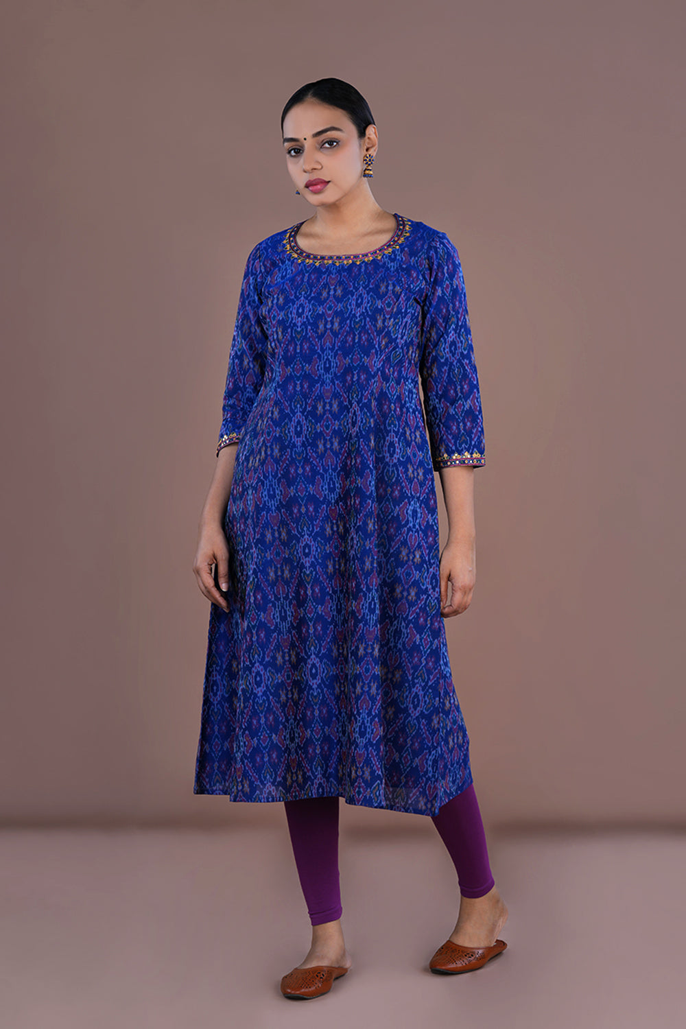 Image of Royal Blue hand Embroidered Pochampally Silk Ikat Kurti