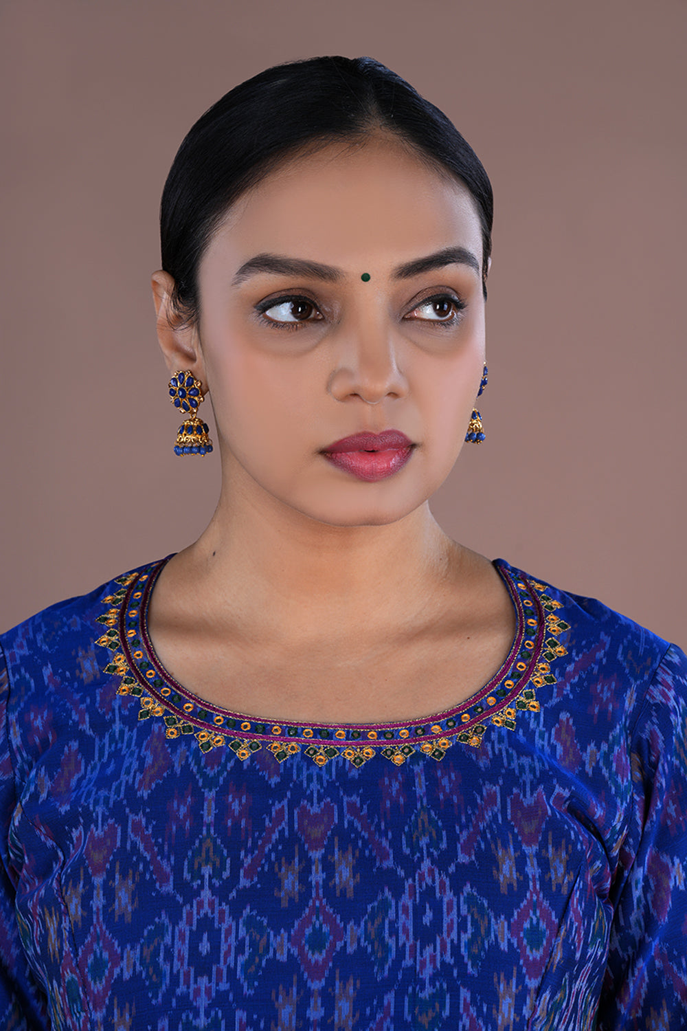 Image of Royal Blue hand Embroidered Pochampally Silk Ikat Kurti