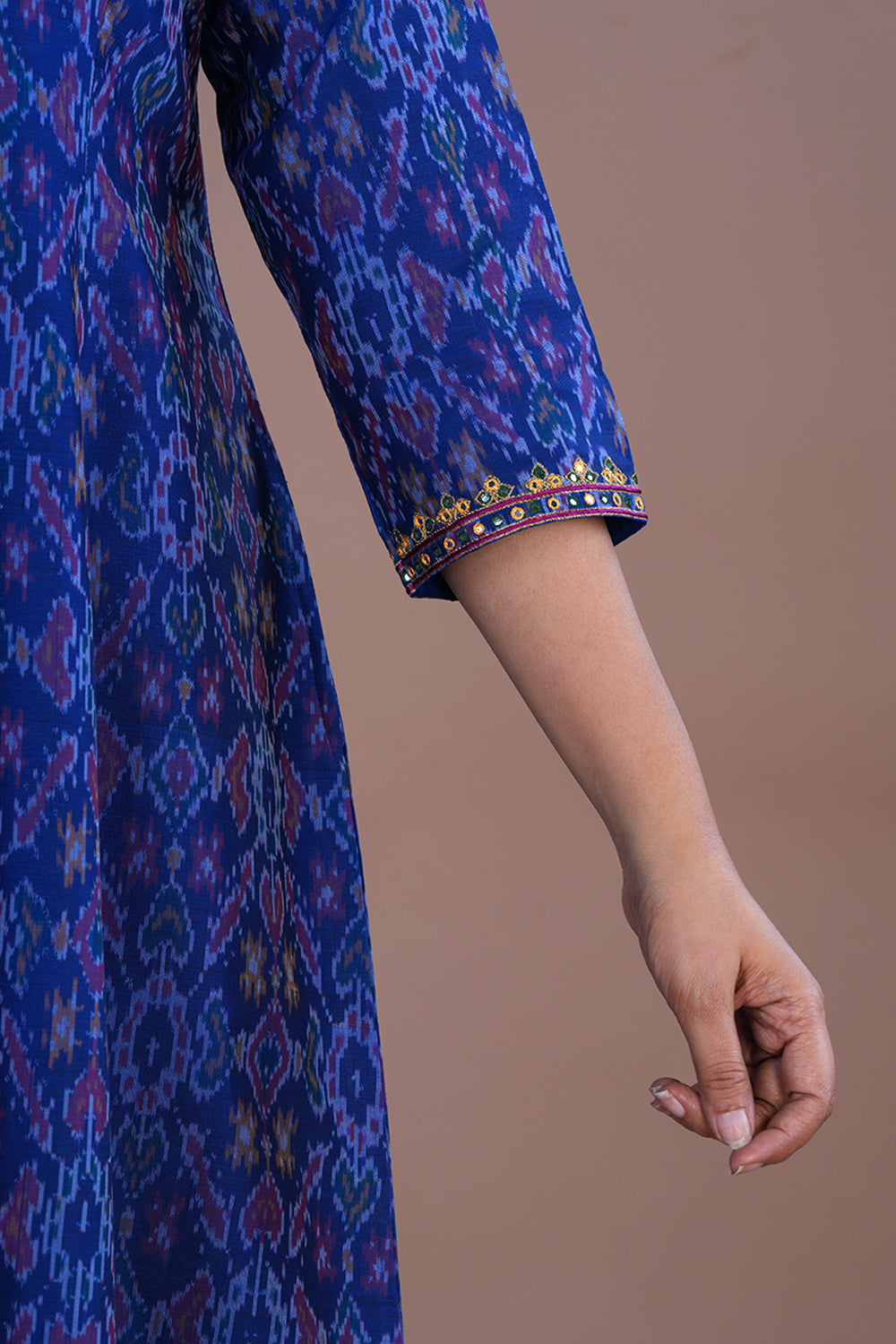 Royal Blue hand Embroidered Pochampally Silk Ikat Kurti