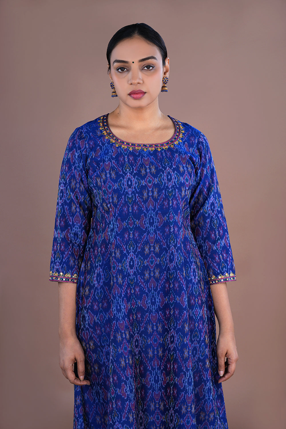 Image of Royal Blue hand Embroidered Pochampally Silk Ikat Kurti