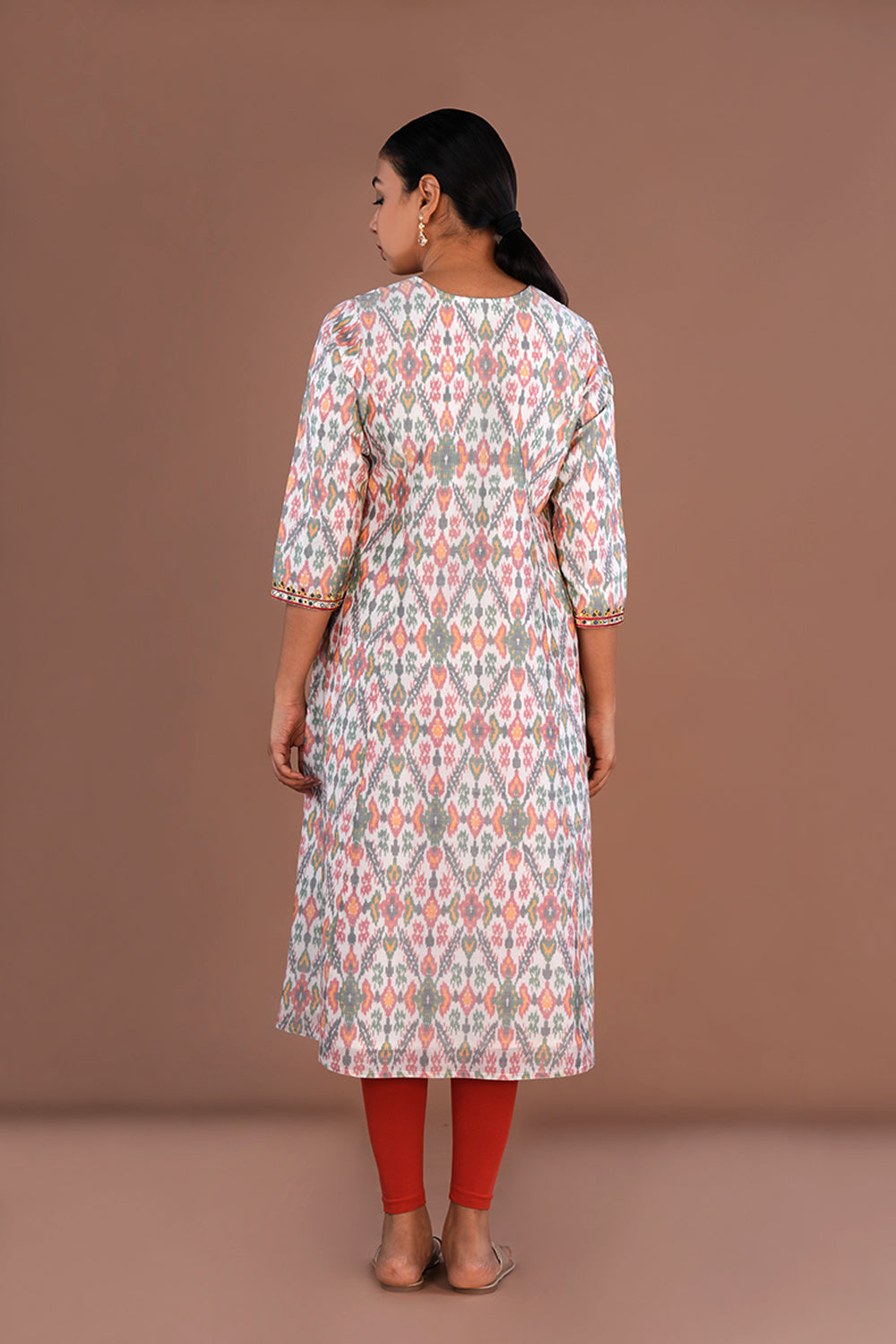 Image of Ivory Embroidery Pochampally Silk Ikat Kurti