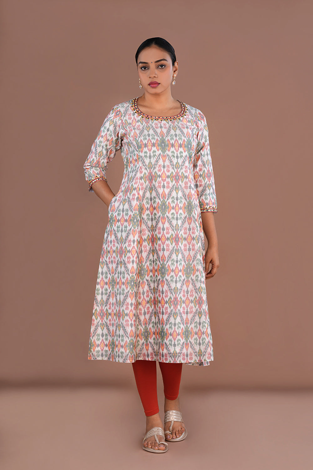 Ivory Embroidery Pochampally Silk Ikat Kurti