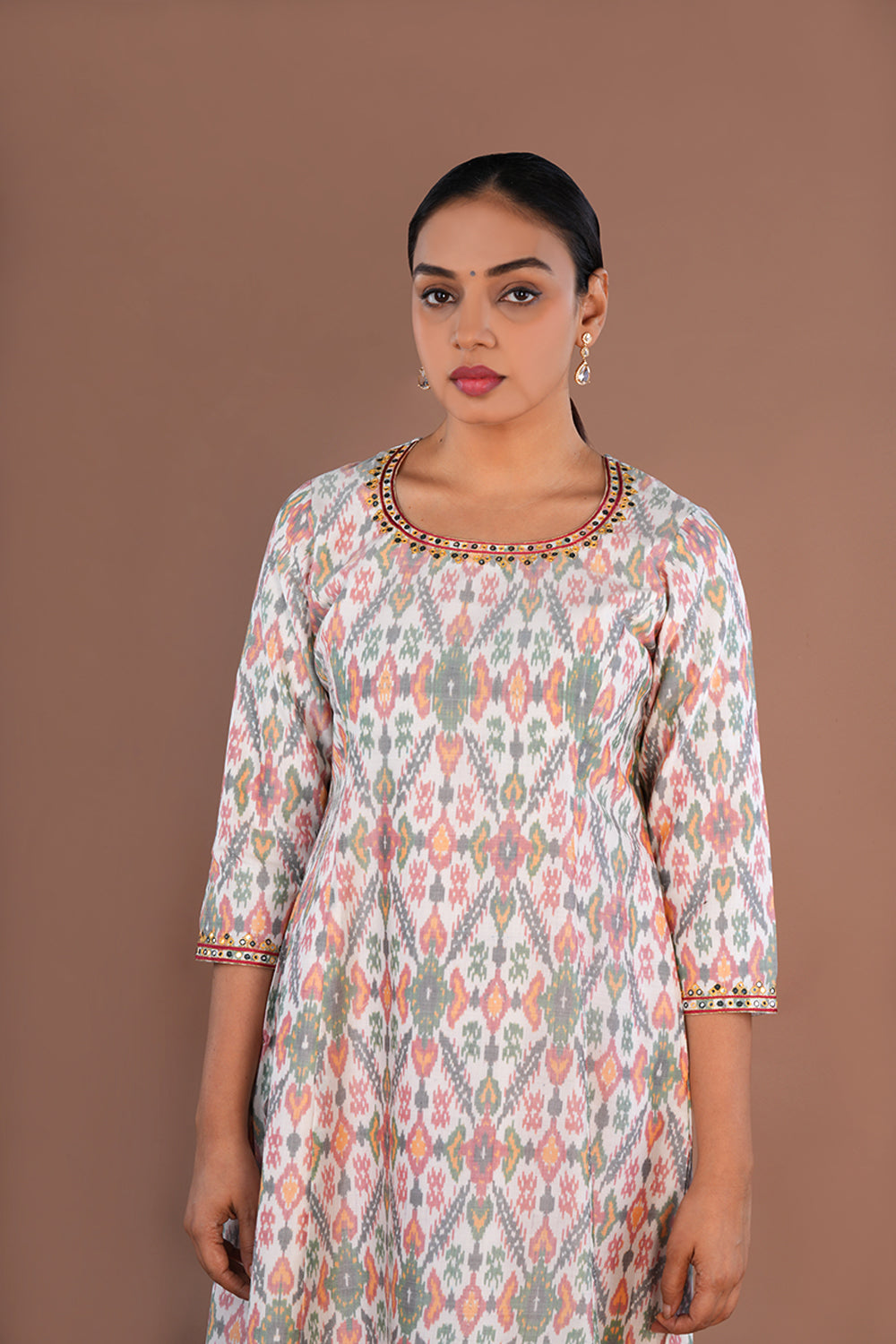 Image of Ivory Embroidery Pochampally Silk Ikat Kurti