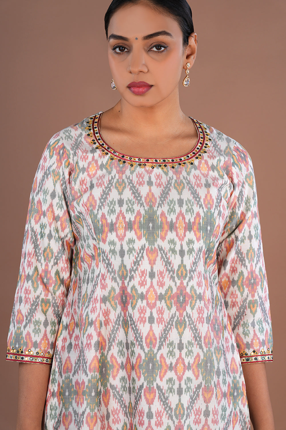 Ivory Embroidery Pochampally Silk Ikat Kurti