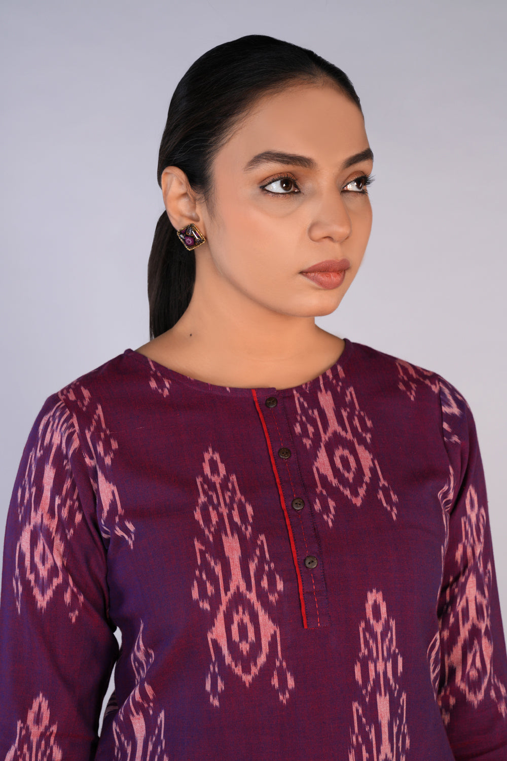 Image of Grape Wine Cotton Pochampally Ikat Kurti