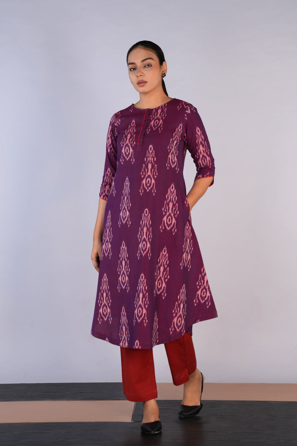 Image of Grape Wine Cotton Pochampally Ikat Kurti