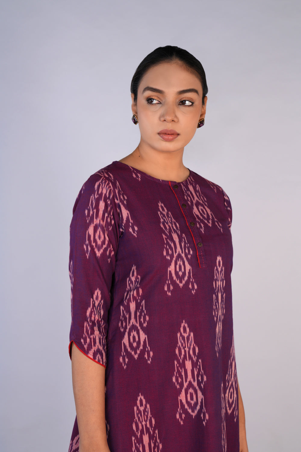 Image of Grape Wine Cotton Pochampally Ikat Kurti