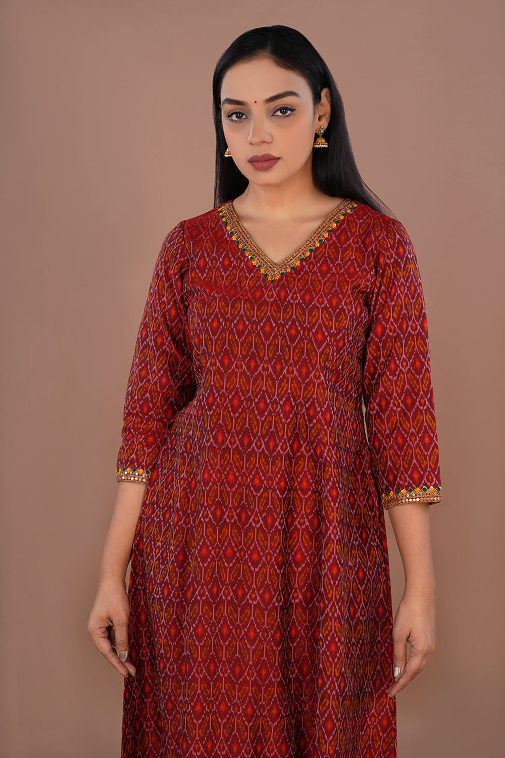 Image of Maroon Pochampally Silk Ikat kurti