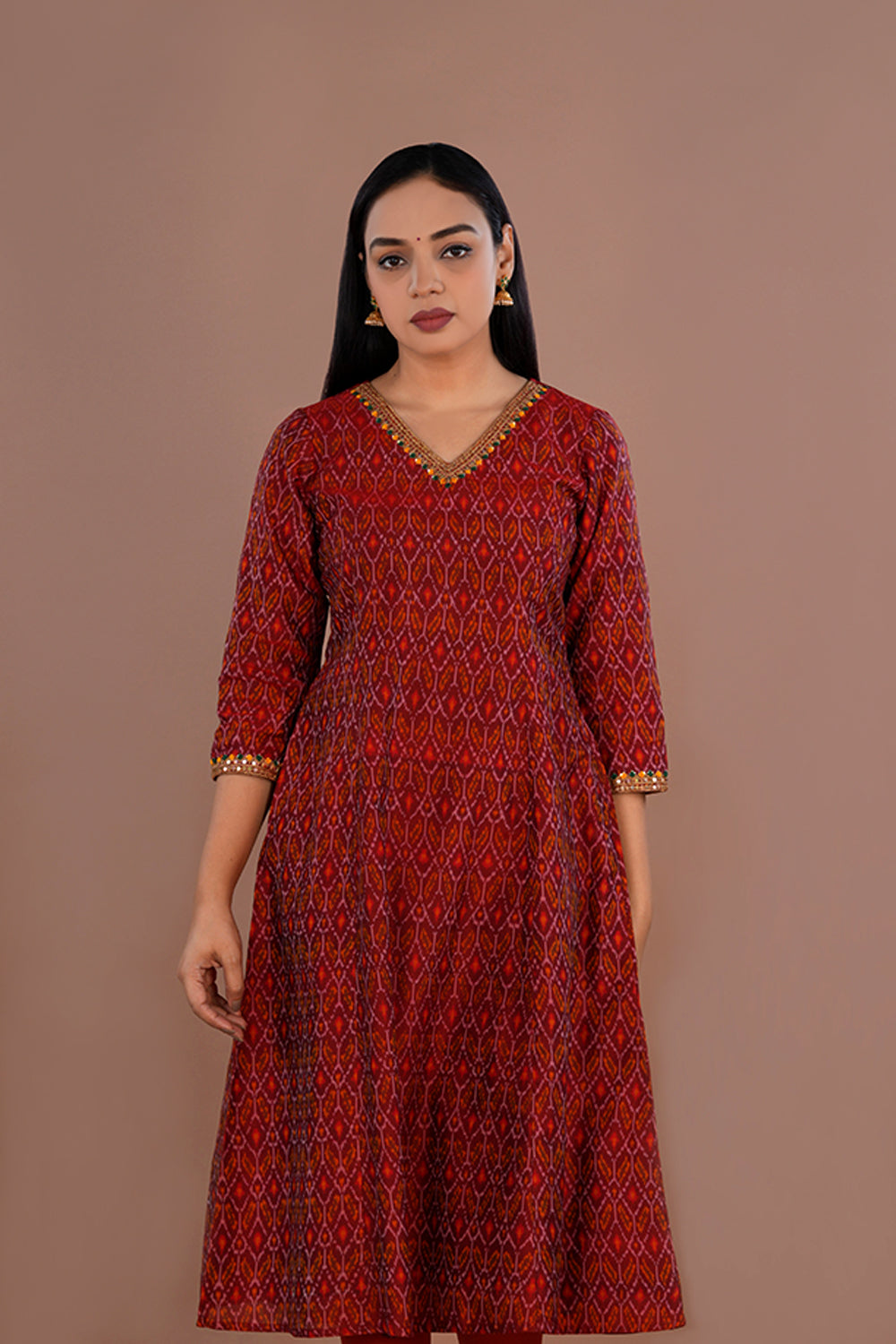 Image of Maroon Pochampally Silk Ikat kurti